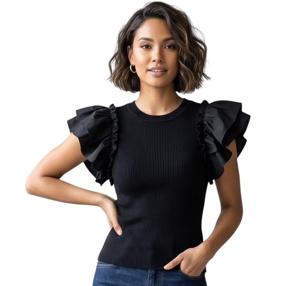 Industry Republic Clothing Tops - INDUSTRY REPUBLIC Womens Black Top Ruffle Sleeve Ribbed Knit Medium NWT $128